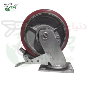چرخ پلی اورتان 200 میلیمتر ترمزدار با رینگ چدن | تحمل 300 کیلو
